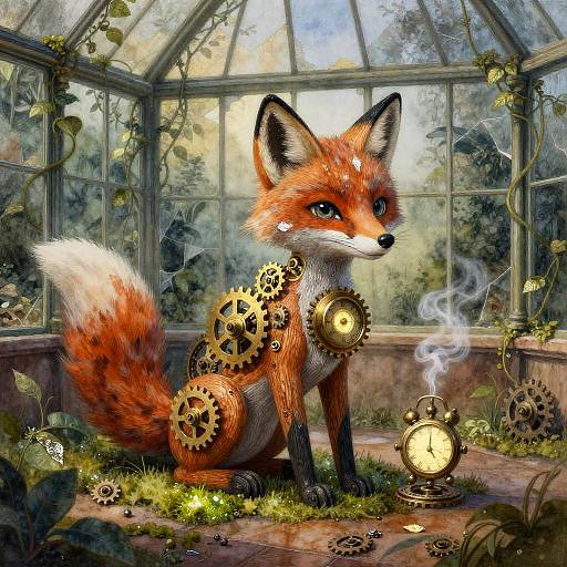 Steampunk Clockwork Fox in Overgrown Greenhouse