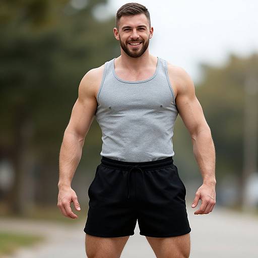 Muscular Man in Workout Shorts Outdoors