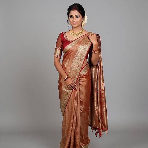 Photograph of a South Asian woman in a shimmering, copper-orange saree with gold embroidery, traditional gold jewelry, and a poised stance against a