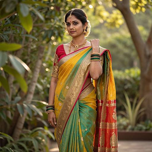 Photograph of an Indian woman in a vibrant yellow, green, and red saree with gold embroidery, standing in a sunlit garden.