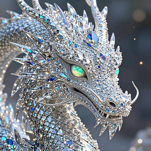 Close-up photograph of a glittering, silver dragon head adorned with blue and green gems, with piercing green eyes, set against a blurred dark background.
