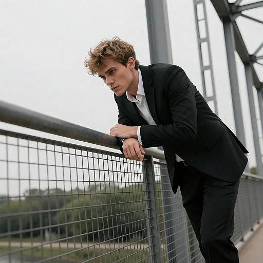 Focused Man on Steel Bridge Railing