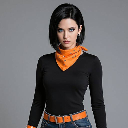 Photograph of a fair-skinned woman with black bob haircut, piercing blue eyes, black long-sleeve top, orange bandana, and orange