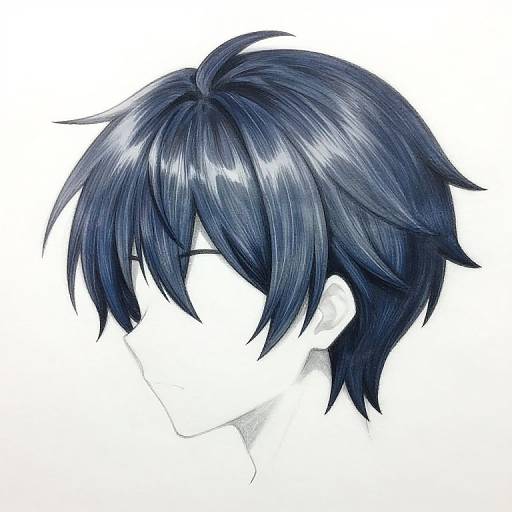 Digital anime-style drawing of a boy with dark blue, shaggy hair, white face, and closed eyes, set against a plain white background.