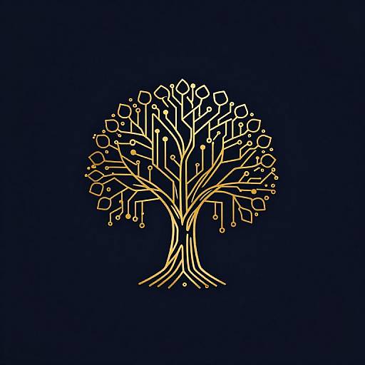 Digital art of a stylized gold tree with geometric branches and circular elements on a dark blue background.