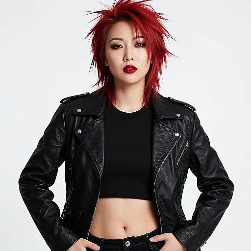 Photograph of a punk-style woman with vibrant red spiky hair, black leather jacket, black crop top, and dark pants, standing against a white