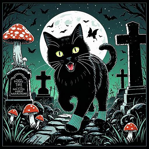 Black Cat in Haunted Graveyard with Glowing Mushroom