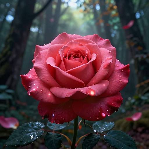 Close-up photograph of a vibrant pink rose with dewdrops, set against a blurred, sunlit forest background. The rose's petals are richly detailed