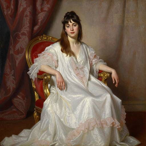 Digital painting of a pale-skinned woman with dark hair, wearing a white, ruffled, satin gown, seated on a red and gold ornate