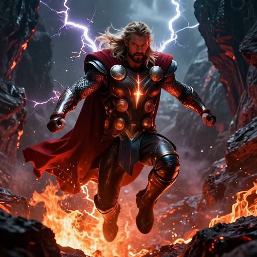 Digital artwork of Thor-like warrior with long blonde hair, red cape, and metallic armor, leaping over fiery rocks amidst lightning.