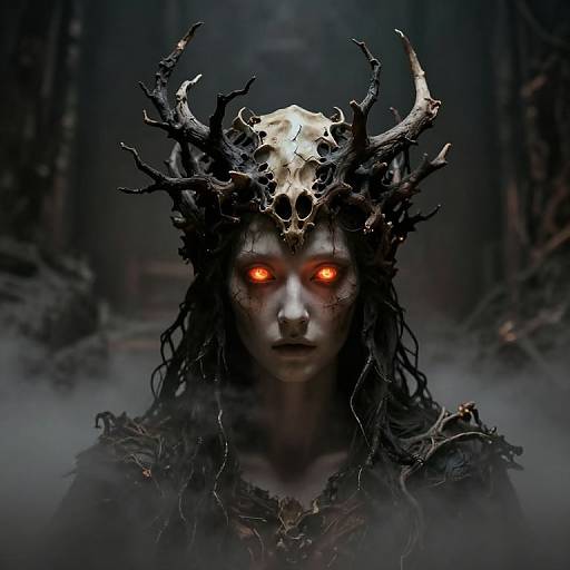Mythological Figure with Glowing Eyes and Branch Crown