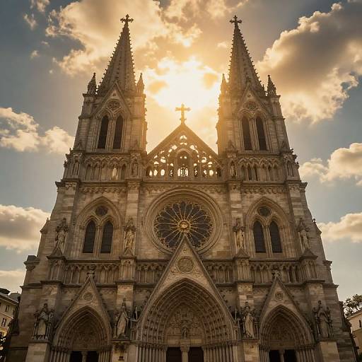 Photograph of a Gothic cathedral with sunburst effect, detailed spires, large rose window, and statues, set against a dramatic, cloudy sky.