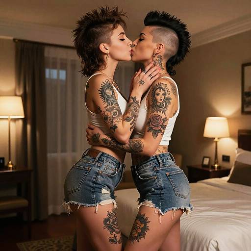 Photograph of two tattooed, punk-styled women with mohawks, kissing passionately in a dimly lit bedroom wearing white tank tops and frayed