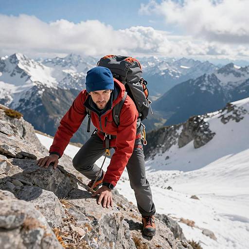 Man Climbing Rocky Mountain in Snowy Landscape