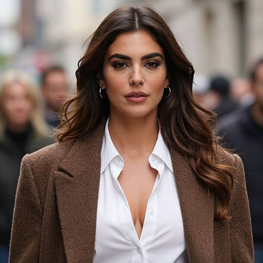 Photograph of a confident woman with long, wavy brown hair, wearing a brown blazer over a white, partially unbuttoned shirt, standing