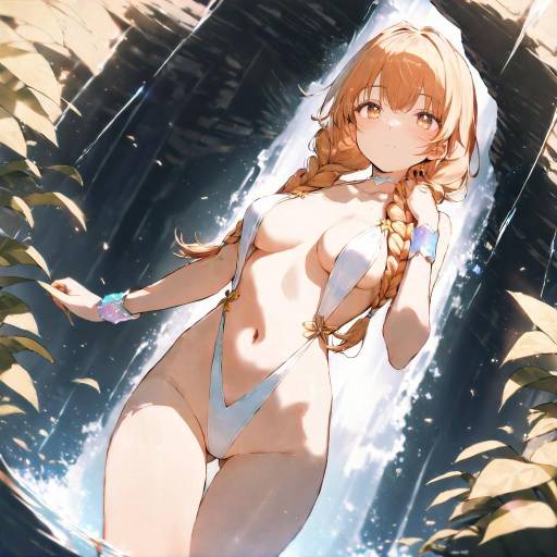 Anime Girl in Blue Bikini by Waterfall