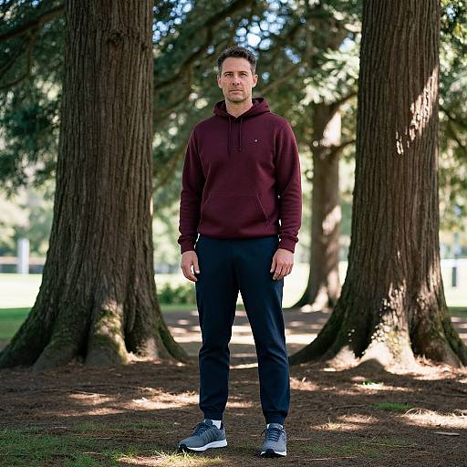 Man in Burgundy Hoodie Among Ancient Trees