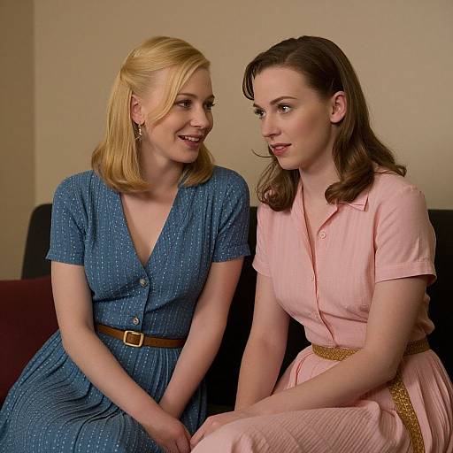 Photograph of two women sitting on a couch; blonde in blue dress with brown belt, brown-haired in pink dress with yellow belt, both smiling at