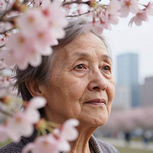 Photograph of an elderly Asian woman with wrinkled skin, gray hair, and brown eyes, gazing thoughtfully amidst blooming pink cherry blossoms