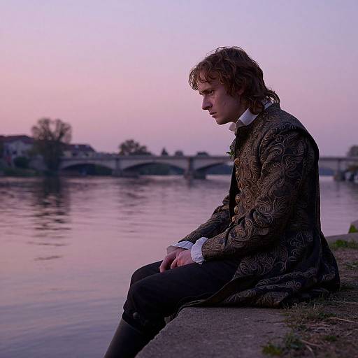 Photograph of a young man with curly brown hair, wearing a patterned brown coat, white shirt, and black pants, sitting by a serene river