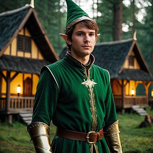 Young Elf Man in Green Costume in Fantasy Forest Village