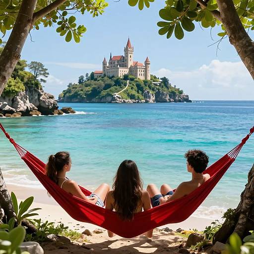 Photograph of a couple in a red hammock, facing a turquoise sea and a distant castle, framed by lush green leaves.