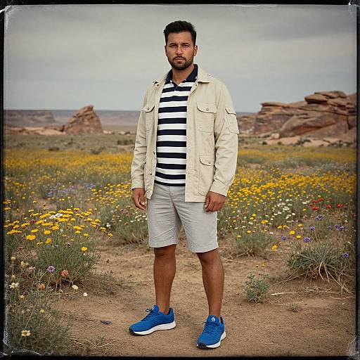 Photograph of a bearded man with medium brown skin, short black hair, wearing a striped shirt, beige jacket, gray shorts, and blue sneakers