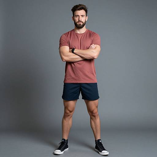 Photograph of a muscular, bearded man with short brown hair, wearing a red t-shirt, black shorts, black sneakers, and a wristwatch
