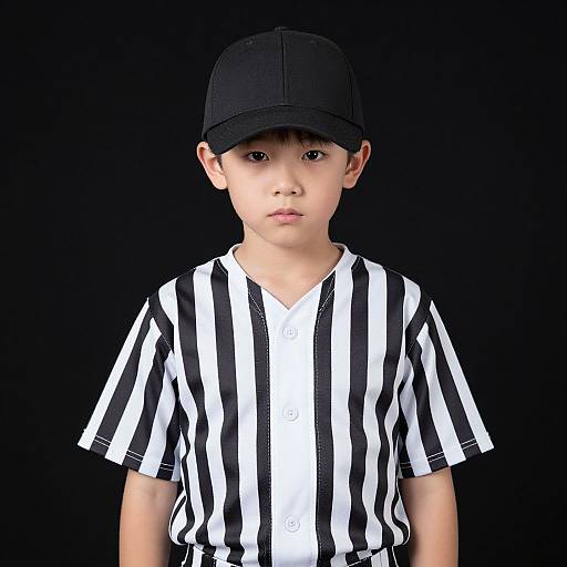 Photograph of a young Asian boy with fair skin, wearing a black baseball cap and black-and-white striped referee shirt, against a solid black background.