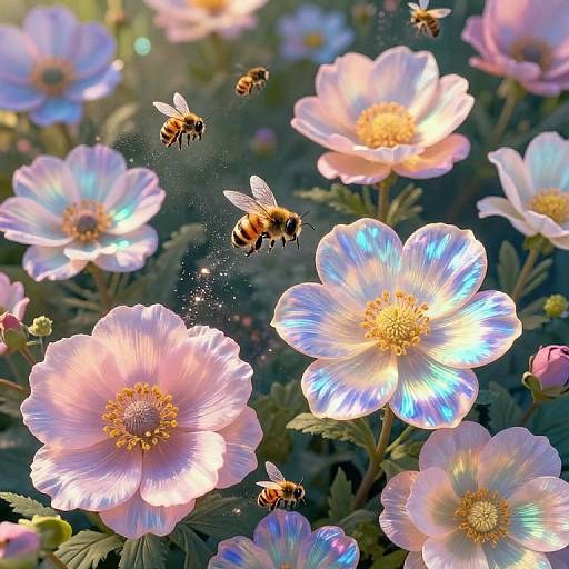 Photograph of iridescent pink and blue poppies with glowing petals, surrounded by buzzing bees, creating a sparkling, enchanting garden scene.