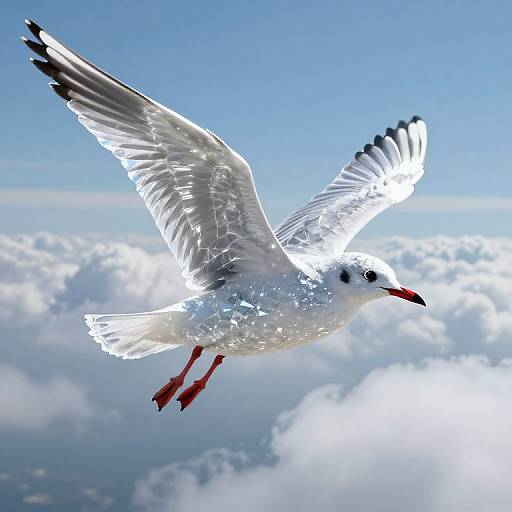 3D Crystalline Seagull Soaring Above Clouds
