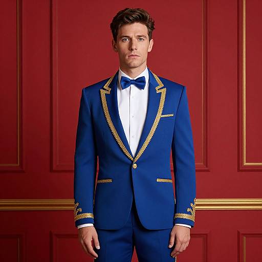 Photograph of a handsome man in a blue tuxedo with gold trim, blue bow tie, and white shirt, standing against a red paneled