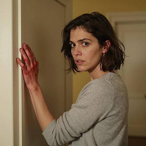 Woman with bloody hand in doorway