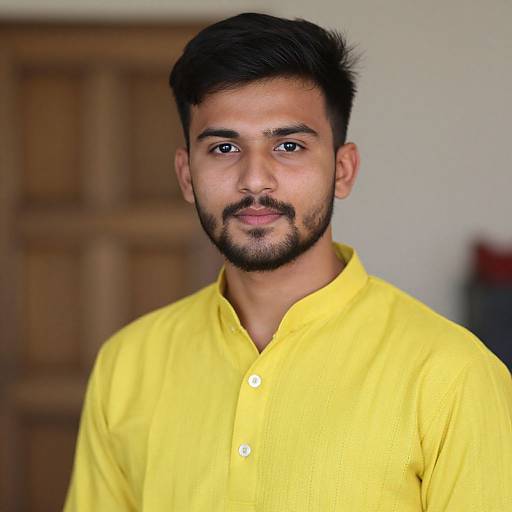 Photograph of a young Indian man with short black hair, trimmed beard, wearing a bright yellow button-up shirt, against a blurred wooden door background.