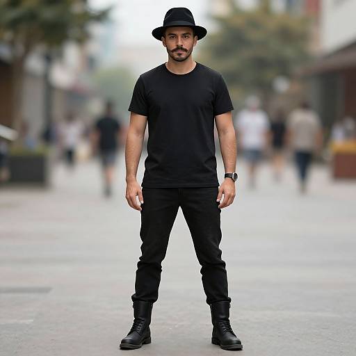 Photograph of a bearded man with medium build, wearing a black hat, t-shirt, pants, and boots, standing confidently on a blurred urban