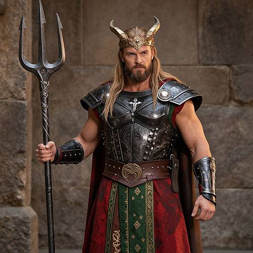 Photograph of a muscular, bearded Viking warrior with golden horns, holding a trident, wearing shiny black armor and a red cape, standing against