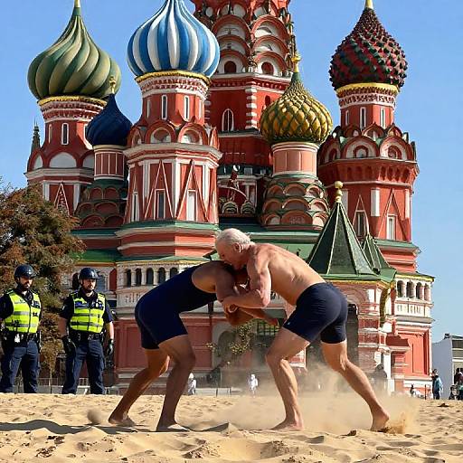 Photograph of two shirtless elderly men in black shorts wrestling on a sandy beach in front of Moscow's colorful, domed St. Basil's Cathedral