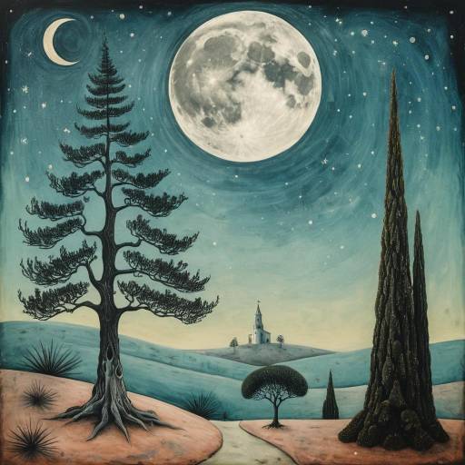 Whimsical Moonlit Landscape with Cypress Trees