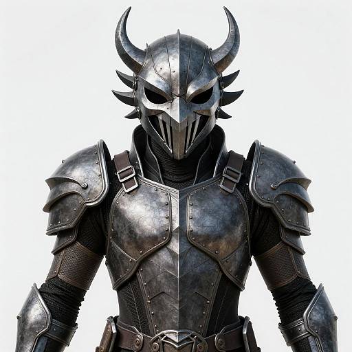 Digital image of a menacing, dark metallic armored warrior with horned helmet, sharp mask, and black padded shoulder guards, standing against a plain white background