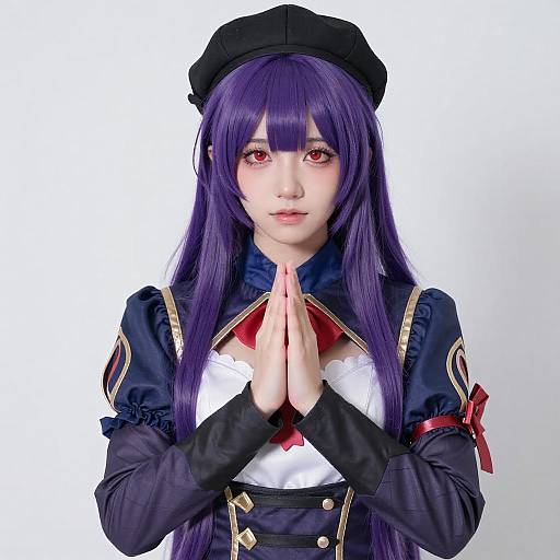 Anime Cosplayer with Purple Hair Prayer
