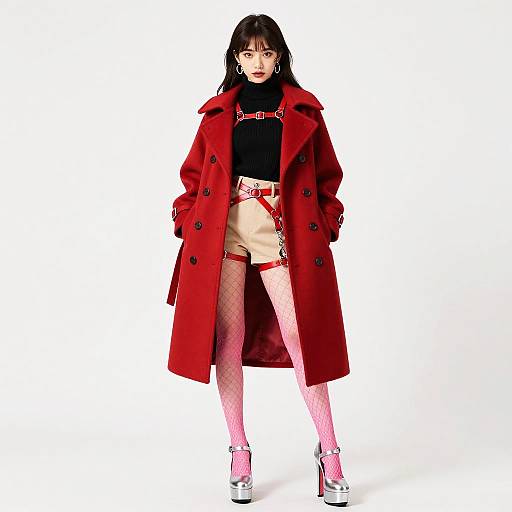Fashionable Young Woman in Crimson Peacoat