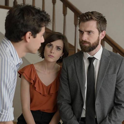 Three People in Serious Conversation Indoors