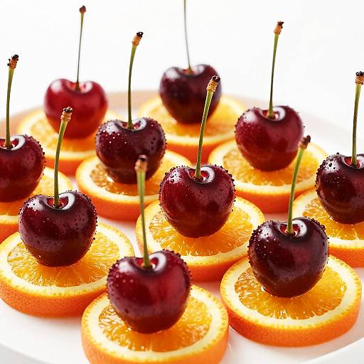 Photograph of vibrant, glossy, deep-red cherries atop thin, bright-orange citrus slices, each cherry with a small green stem, arranged on a