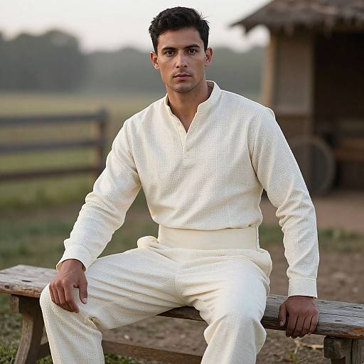 Photograph of a dark-haired man in white, textured martial arts outfit, sitting on a wooden bench in a rustic, outdoor setting.