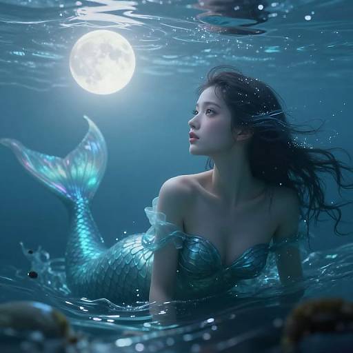 Digital artwork of a beautiful mermaid with long dark hair, blue scales, and a glowing moon above, underwater in a dark blue ocean.