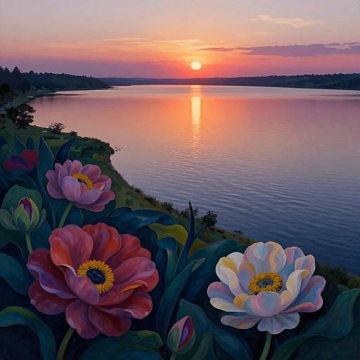 Photograph of a serene sunset over a calm lake, with vibrant red and white flowers in the foreground, reflecting pink and orange hues in the water.