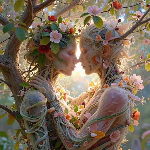 Photorealistic CGI of two fairytale-like, flower-crowned, blonde women embracing in a sunlit tree, their intertwined hair and petals creating