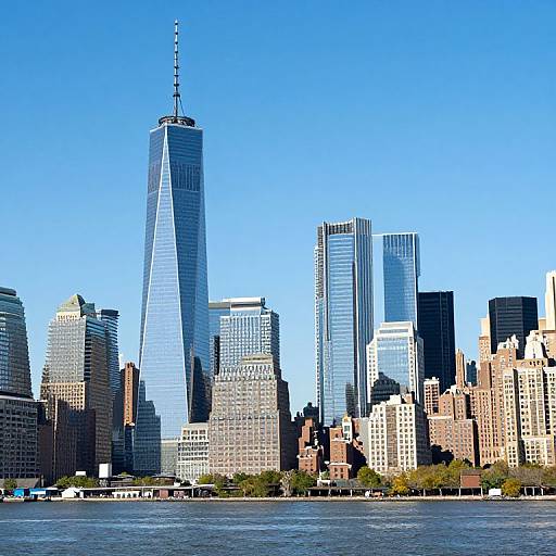 Photograph of New York City skyline with One World Trade Center towering over modern and historic skyscrapers, clear blue sky, and Hudson River in foreground