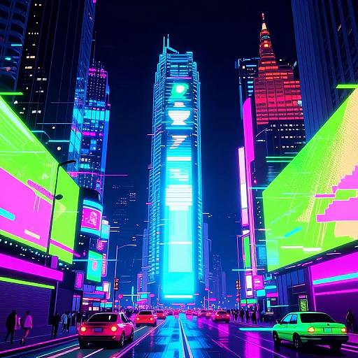 Neon-lit, futuristic city street at night with vibrant, glowing billboards, tall skyscrapers, and colorful cars, rendered in digital art