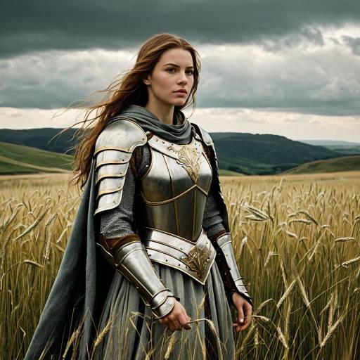 Woman Knight in Armor Standing in Wheat Field